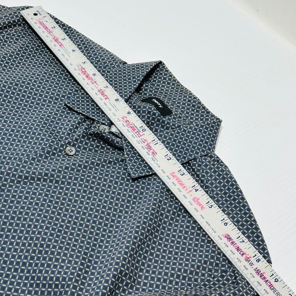 Theory Shirt Size L Navy Blue White Geometric Print Short Sleeve Button Up - Picture 7 of 7